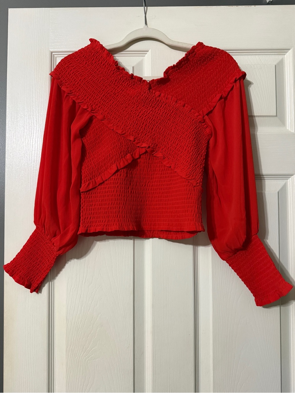 BB Dakota Bold Red Smocked Ruffle Blouse